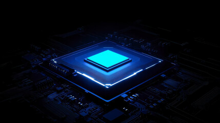 Futuristic blue circuit board with illuminated central processor highlighting technology advancement