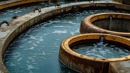 Circular water treatment tanks in a facility, with flowing water and industrial surroundings