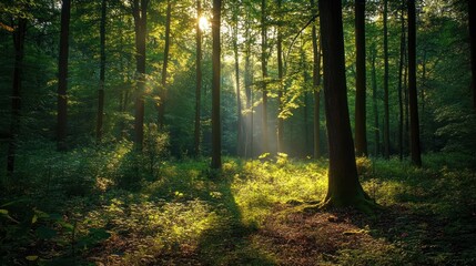 Obraz premium Photo of A beautiful forest scene with tall trees and sunlight filtering through the leaves nature tranquility woodland.