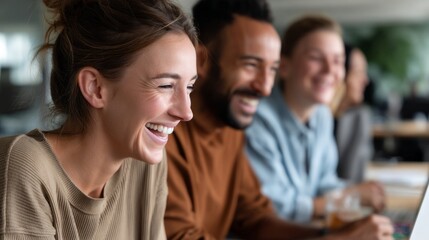 Fototapeta premium A group of business professionals share a joyful moment, laughing together as they engage in a collaborative meeting at a contemporary office space. The atmosphere is relaxed and cheerful
