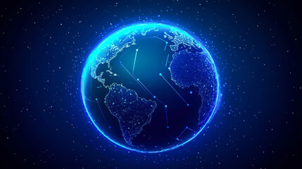 Naklejka premium Luminous globe represents digital pathways linking cities across the world