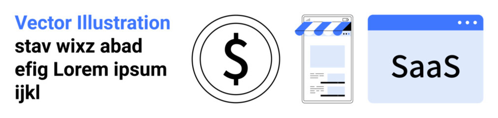 Dollar sign, online store page, and SaaS window. Ideal for finance, e-commerce, SaaS, tech solutions, online marketing, business analytics simple landing page