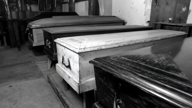 A somber grayscale view showcasing a row of crafted caskets lined up in a workshop or funeral home setting.