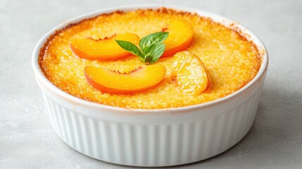 Peach Clafoutis in White Ramekin, Delicious homemade peach clafoutis dessert