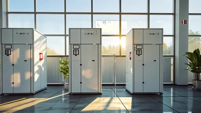 Modern locker room interior with smart parcel delivery terminals and sunlight reflections. Concept of smart logistics, package pickup point, contactless delivery, futuristic postal service