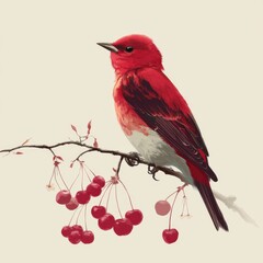 Scarlet Tanager Bird Perched on Cherry Branch - Vibrant Red Plumage and Delicate Cherry Blossoms in a Serene Nature Scene