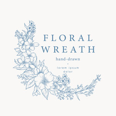 Vintage floral vector wreath. Hand drawn elegant floral line art. Botanical elements of wild and garden flowers, branches, leaves, herbs. Vector illustration for wedding invitation, save the date card