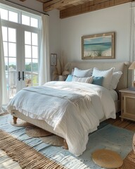 Coastal Bedroom with Linen Bed, and Ocean View.