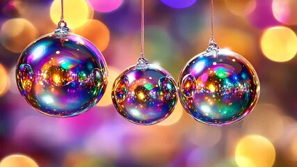 Colorful Christmas balls hanging against bokeh background