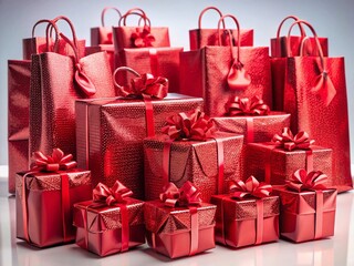 Festive Red Gift Bags Overflowing with Presents - Perfect for Holiday Celebrations