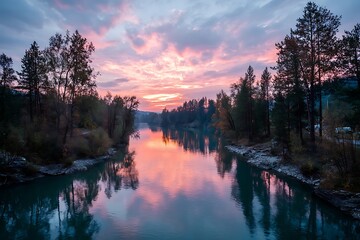 Obraz premium Sunset over a peaceful river, with soft colors reflecting on the water and a calm, serene atmosphere.