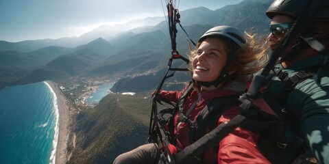 Naklejka premium Happy Paragliders Flying Over Ocean View