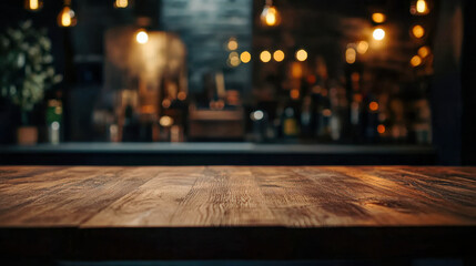 Luxury minimalist kitchen with clean wooden table and blurred background lights