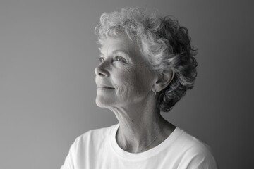 Senior Profile. Grey Senior Woman Smiling in Profile Portrait Pose in Grey T-Shirt