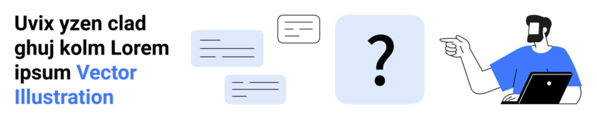 Man holding a laptop pointing at a question mark block with floating text boxes nearby. Ideal for education, brainstorming, problem-solving, communication, consulting, learning, flat landing page