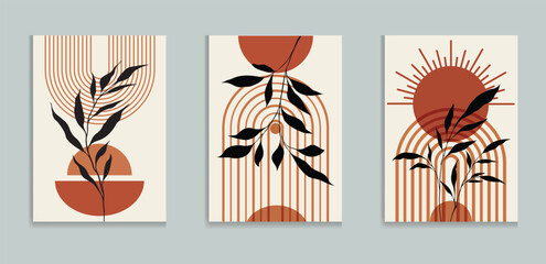 Abstract botanical wall art prints sun moon poster. Contemporary minimalist backgrounds modern boho style. Mid century wall decor, art print. Illustration