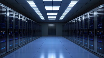 Server Room Background. Abstract High-Tech Data Center with Blue Computer Hardware