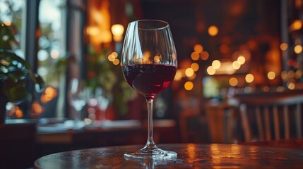 Red wine glass on a rustic wooden table in a dimly lit restaurant