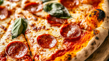 Cheesy pepperoni pizza slice with crunchy crust captured in macro style on white background