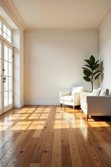 Fototapeta premium Sunlight streams through a large window illuminating a minimalist living room with hardwood floors and two upholstered armchairs.