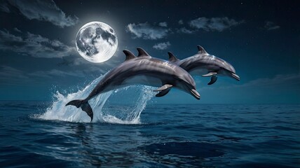 Obraz premium Dolphins jump to the surface with a night view illuminated by moonlight with the moon positioned parallel to the dolphins