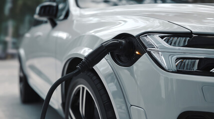 Electric car charging station white vehicle ev charger cable plugged in sustainable transport future mobility