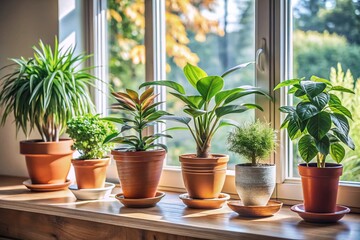 Fototapeta premium Five Potted Houseplants on Windowsill - Natural Light Photography