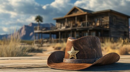 Naklejka premium Sheriff Background. Wild West Texas Cowboy Hat and Saloon in Texas America