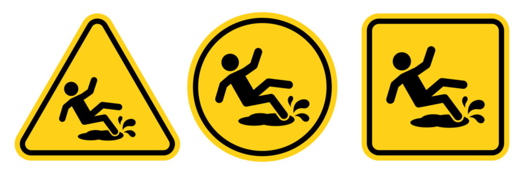 Hazard slippery surface wet floor sign, vector illustration isolated on white background.