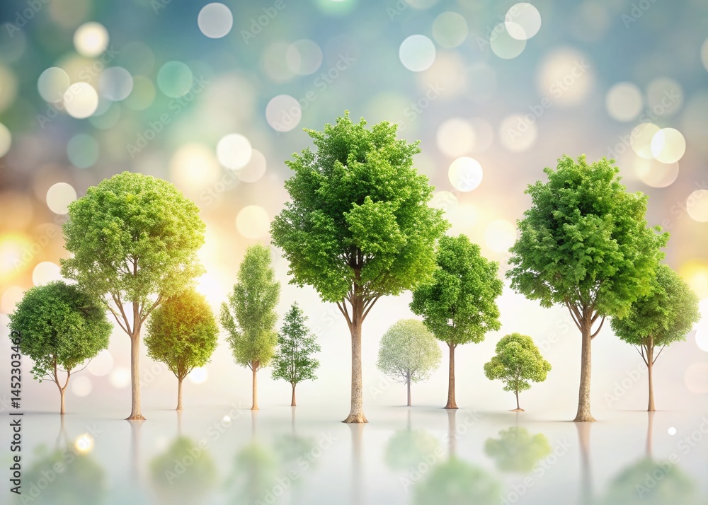 Poster flat style tree collection: isolated bokeh background trees set for design projects