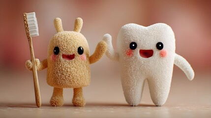 Toothbrush giving a high-five to a molar tooth, 3D cartoon characters, pastel background