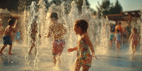 Kids Playing With Water Jets in Urban Splash Park