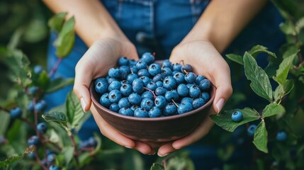 Woman's Hands Picking Blueberries with a Bowl in Orchard