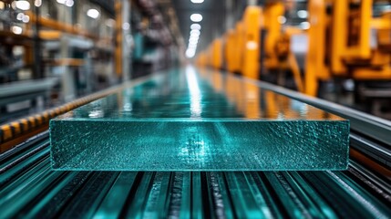 Industrial glass production line showcasing clear glass sheet on conveyor