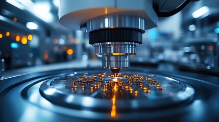 Close-up of a precision microscope examining intricate circuit patterns in a high-tech lab