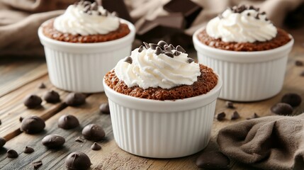 Delicious Chocolate Lava Cakes with Whipped Cream and Chocolate Chips