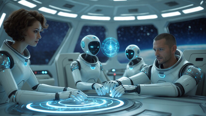 Astronauts and robots collaborating in a futuristic space station command center environment
