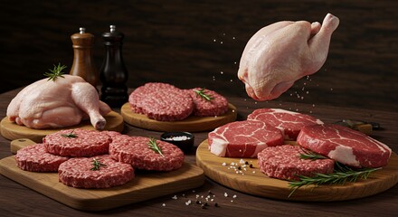 Assortment of Raw Chicken Beef and Hamburger Meat on Wooden Boards Displayed on Wooden Table With Seasoning Herbs and Spices Perfect for Culinary Themes