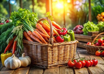 Fresh Farm Vegetables in Rustic Basket at Farmers Market