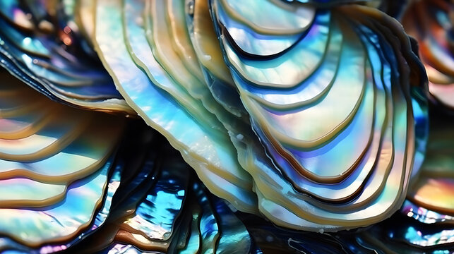 A close-up of a colorful abalone shell with intricate patterns and vibrant colors.