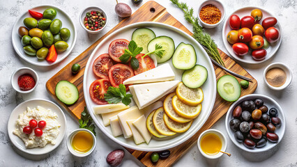 Traditional Turkish Breakfast  – Authentic Kahvaltı Spread with Cheese, Olives, Simit, Menemen, and Tea on White Background