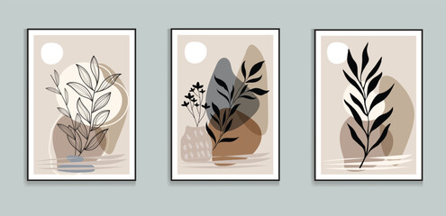 Boho Abstract Leaf Art, PRINTABLES Set of 3, Geometric Neutral Brown Beige Living Room Decor