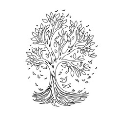 Obraz premium Stylized Tree Illustration Displaying Whimsical Branching and Birdlife Elements