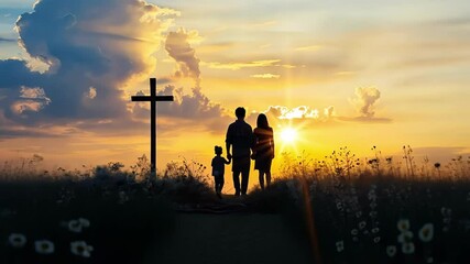 Silhouette of family walking toward sunset near cross in flower field. Concept of faith, family unity, spiritual journey, Christianity, peaceful evening, generational love