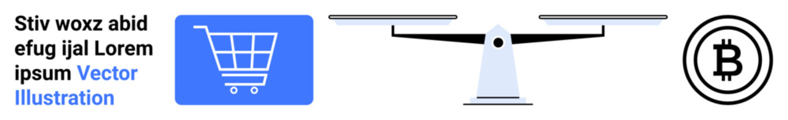 Shopping cart, scale, and Bitcoin logo representing e-commerce, balance, cryptocurrency. Ideal for finance, investment, online shopping, digital economy blockchain concepts financial equity simple