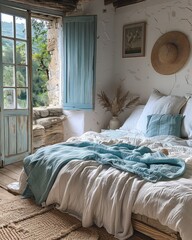 Rustic bedroom with French countryside view.