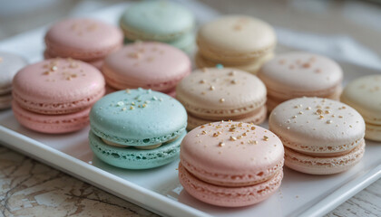 Fototapeta premium Delicate macarons in pastel colors on a white tray, with a bright and airy feel.
