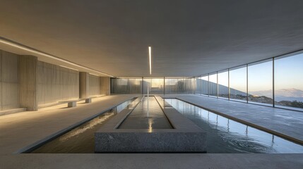 Fototapeta premium Mountaintop spa's tranquil pool at sunset