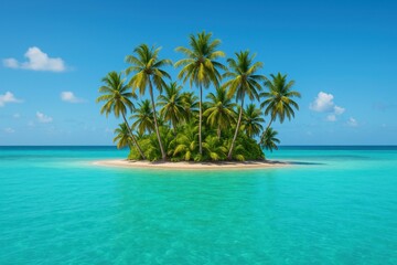 An island of palm trees surrounded by turquoise water