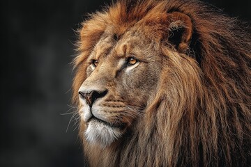 Wild, powerful, and majestic, this portrait of a lion is found in a zoo, jungle, and other natural settings. Generative Ai